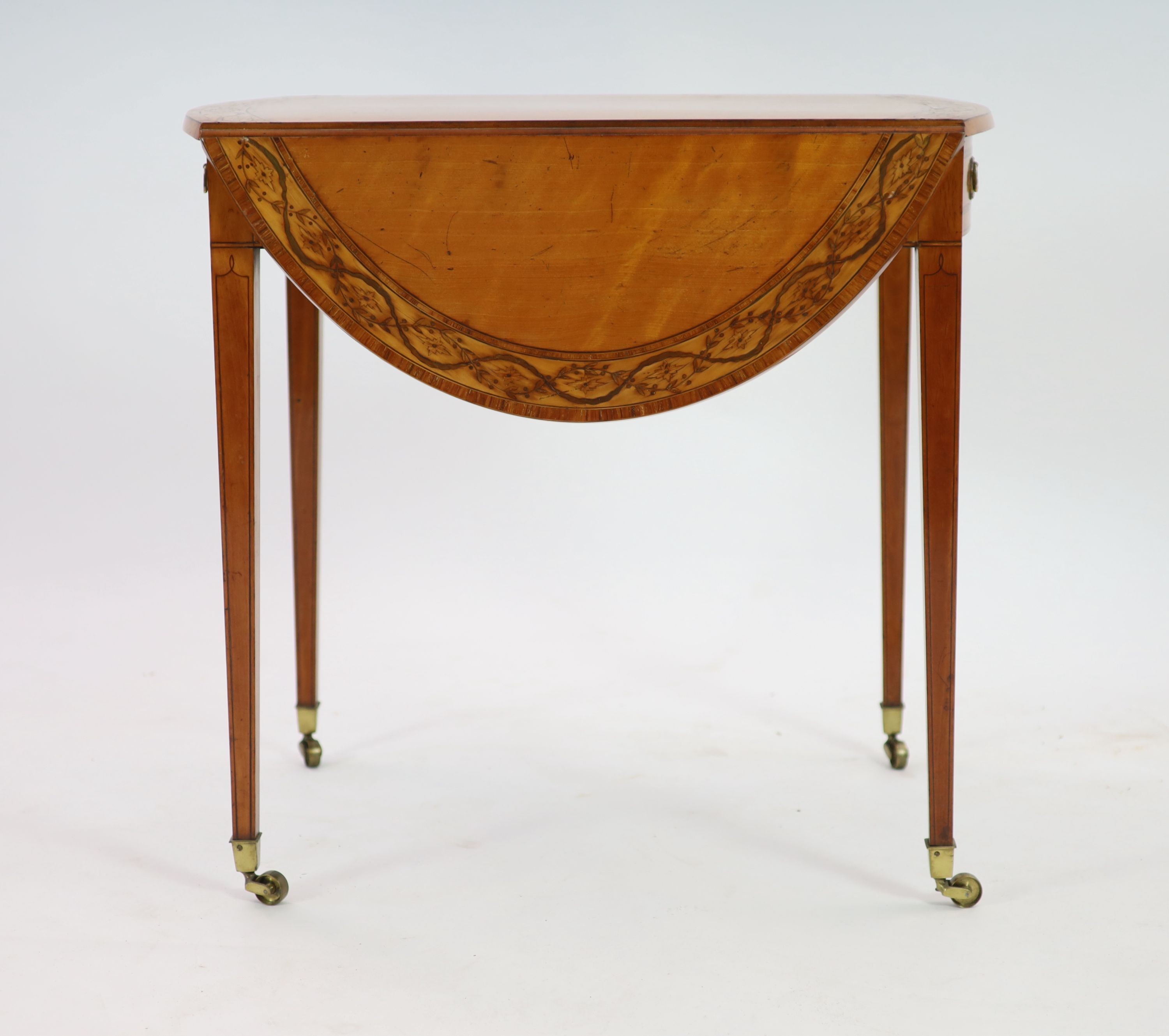 A George III Sheraton style marquetry inlaid satinwood Pembroke table, W 76cm D 52cm H 73cm